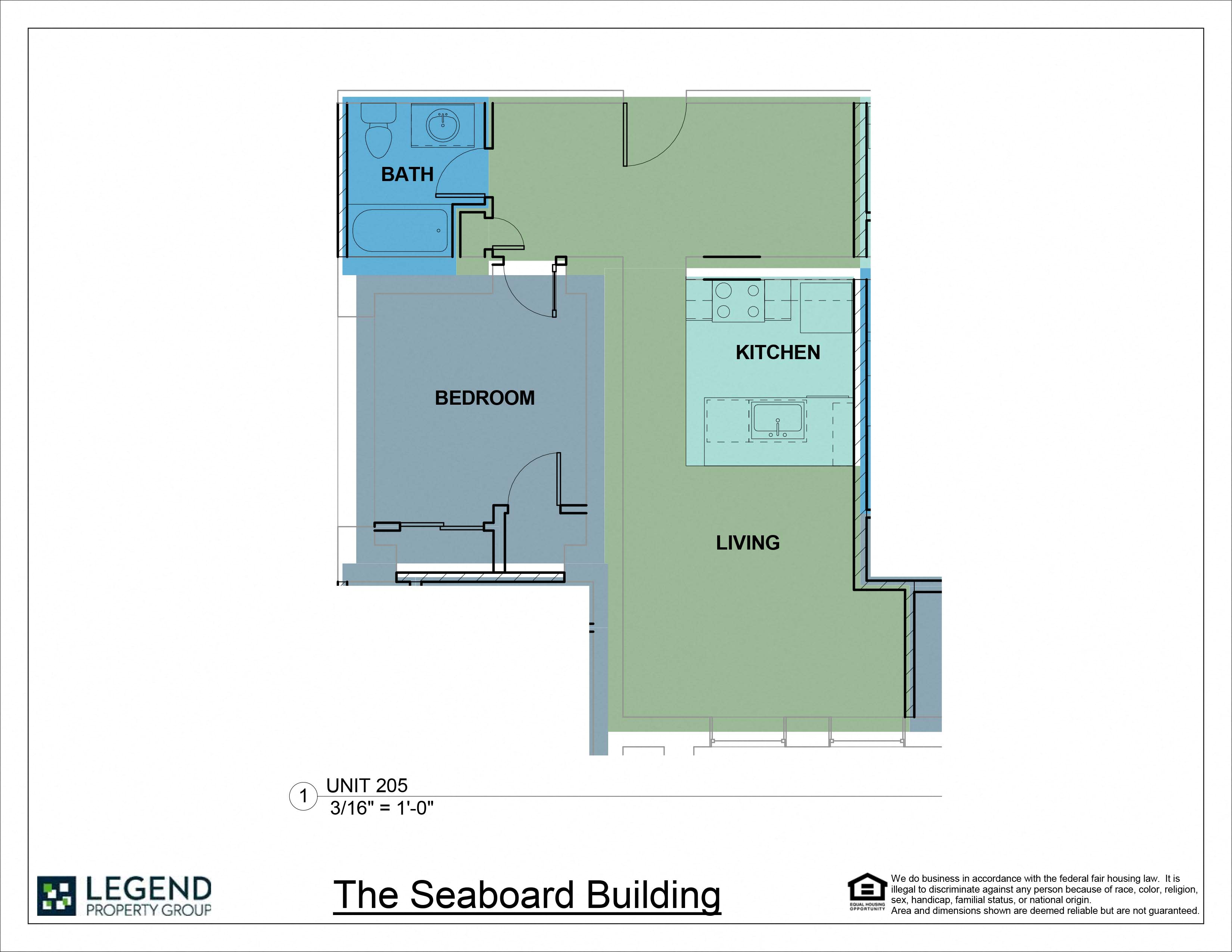 Floor plan for 1 bed, 1 bath, 692 sqft